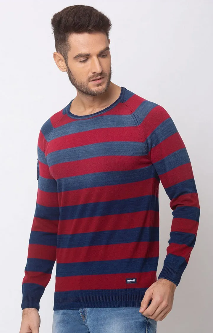 Spykar Men Blue & Pink Round Neck Full Sleeve Sweater