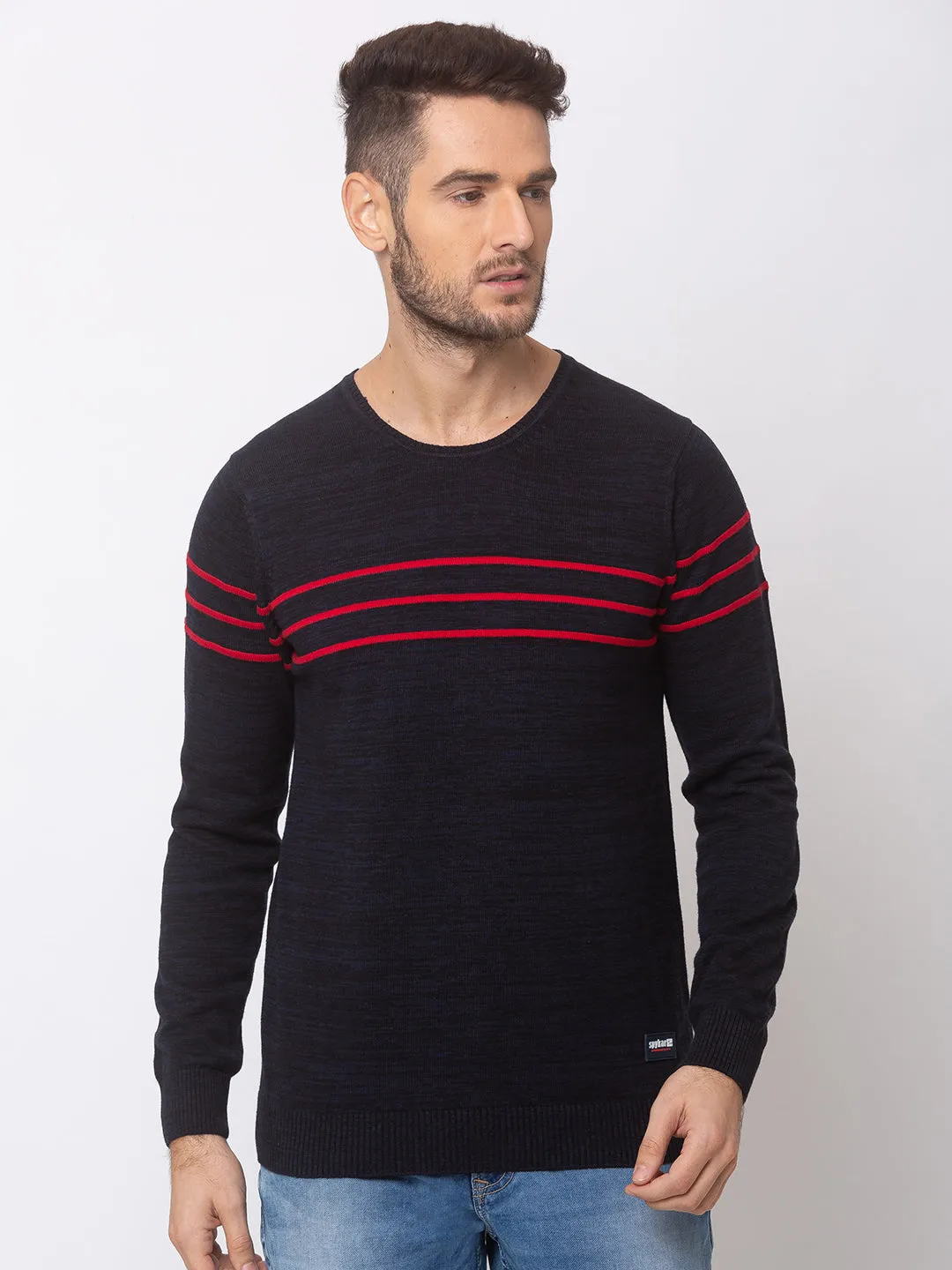 Spykar Men Navy Blue Red Cotton Regular Fit Sweater