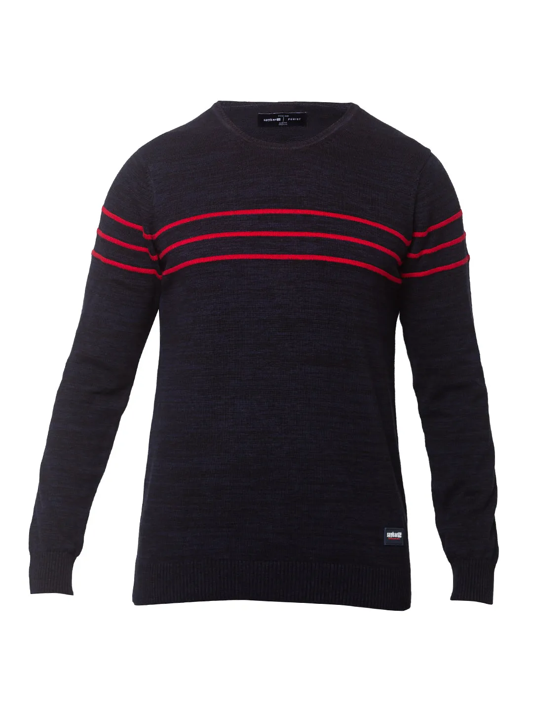 Spykar Men Navy Blue Red Cotton Regular Fit Sweater