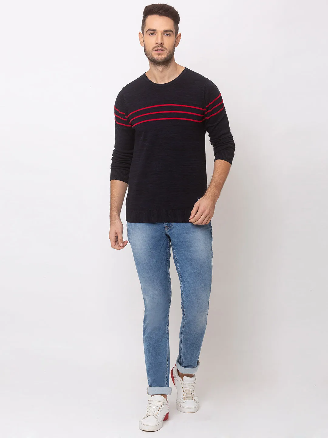 Spykar Men Navy Blue Red Cotton Regular Fit Sweater