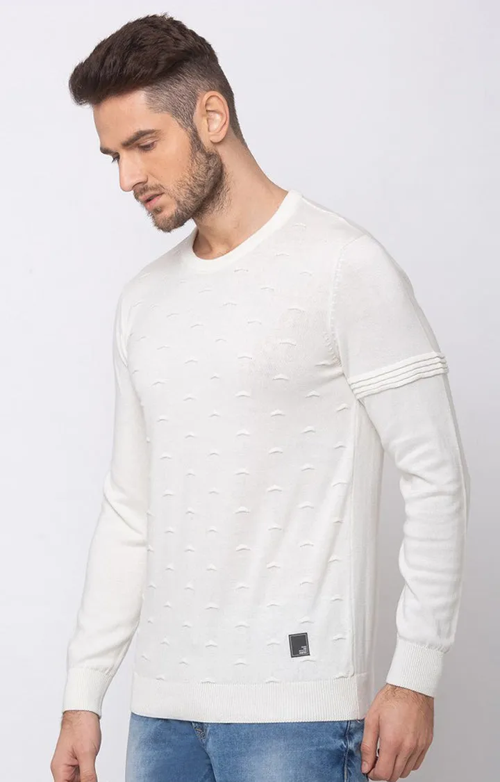 Spykar White Cotton Regular Fit Sweater For Men