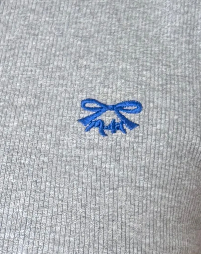 Suti Tee in Grey Marl with Cobalt Blue Bow Embroidery