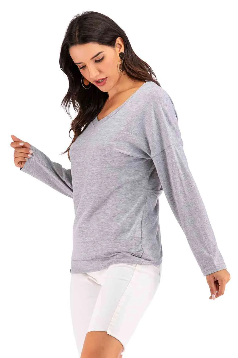 V-Neck Drop Shoulder Open Back Sweatshirt