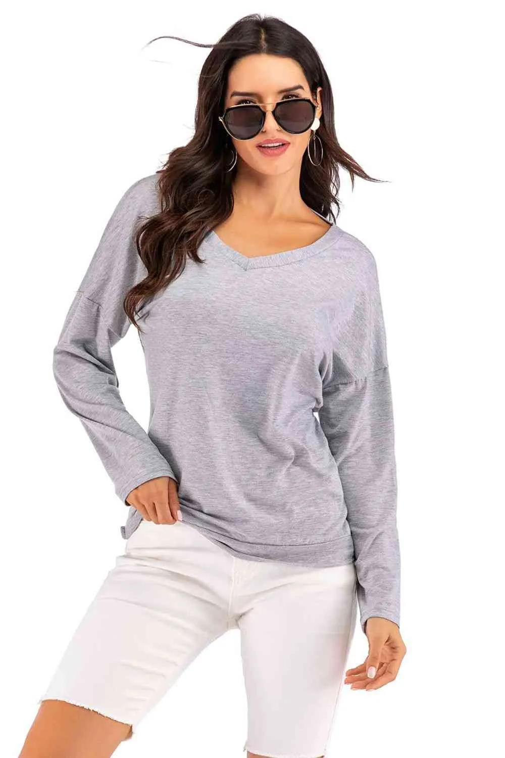 V-Neck Drop Shoulder Open Back Sweatshirt