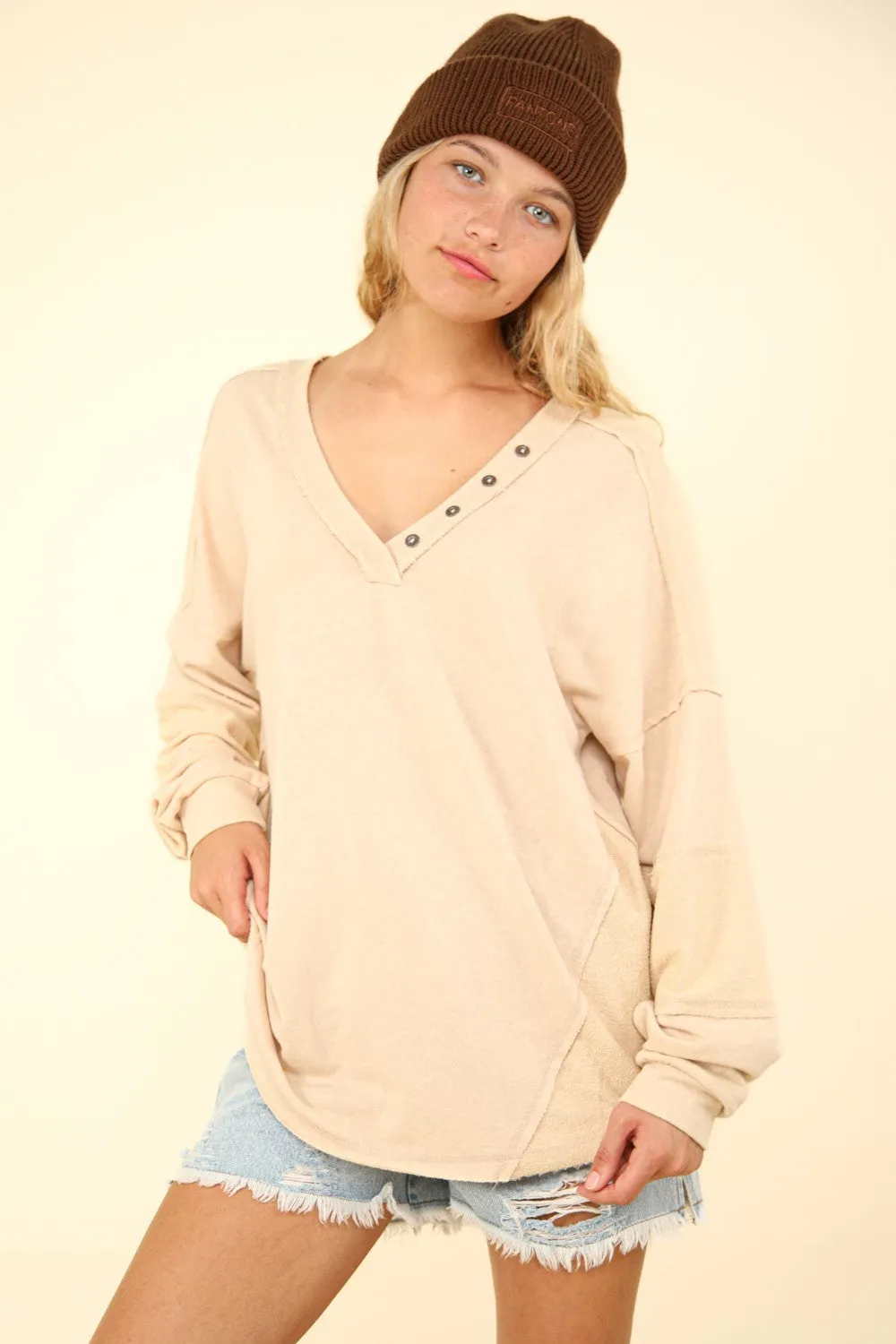 Washed V-Neck Exposed Seam Knit Top