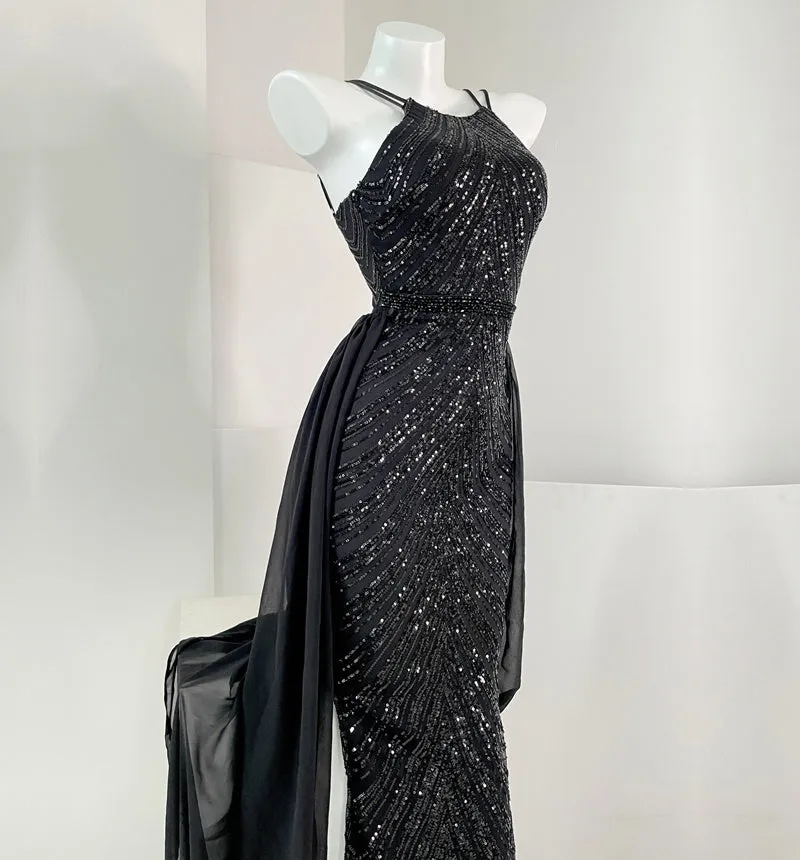 Women's Elegant Long Sequin Dress with Detachable Fishtail Scarf